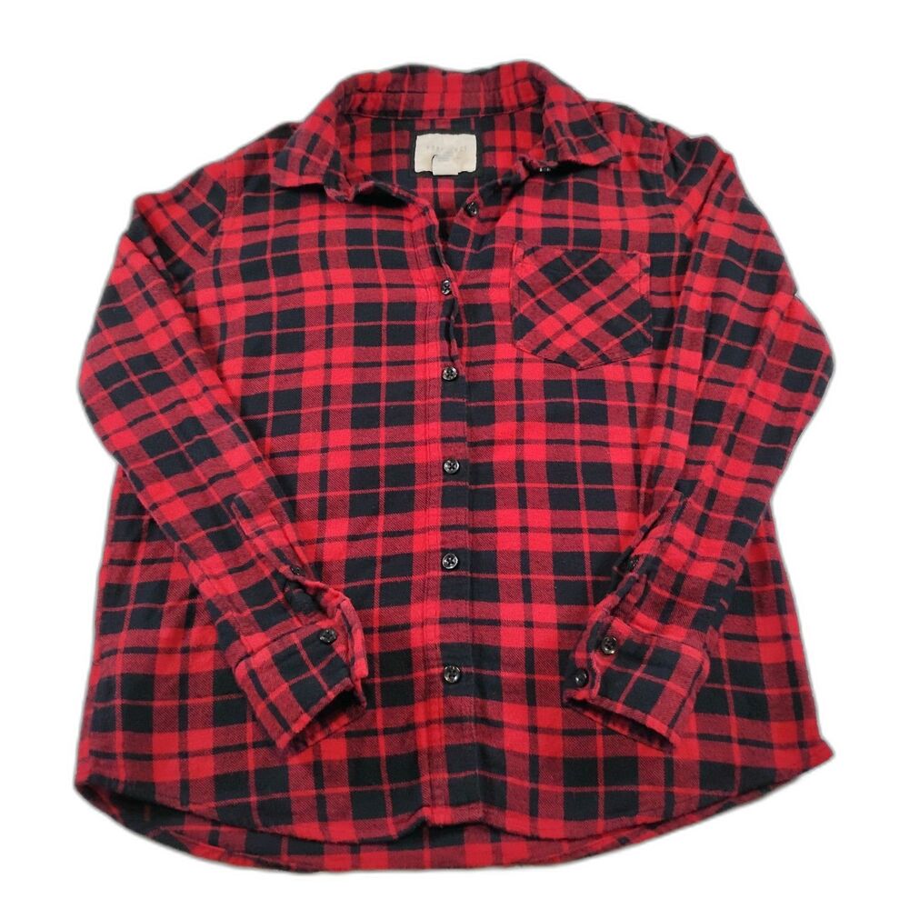 Forever 21 Women's Flannel Plaid Casual Button Down Top Size Small Red Black